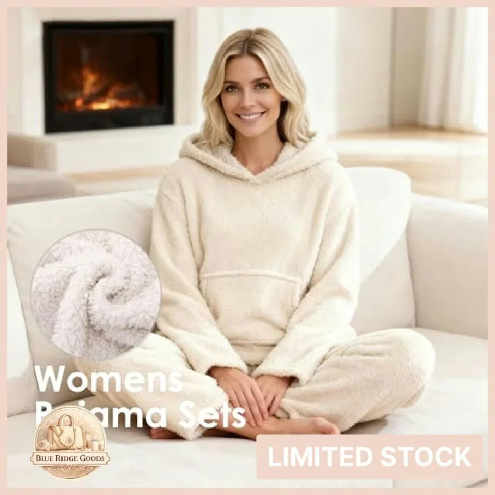 Sherpa Fleece Pullover Hoodie Pajama Set Cozy Winter Loungewear Thermal